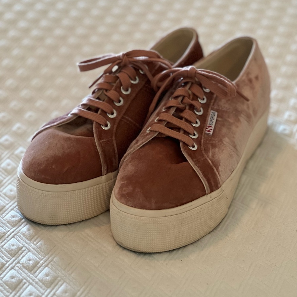 Superga Blush Velvet Platform Sneakers Size 9.5